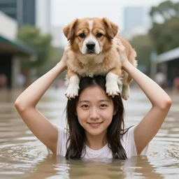 closeup portrait of a girl carrying a dog over her head in a flood in Rundle Mall in Adelaide in South Australia, photograph, natural light, sharp, detailed face, magazine, press, photo, Steve McCurry, David Lazar, Canon, Nikon, focus