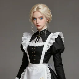 fullbody!! a beautiful platinum blonde victorian maid. beautiful slender face, updo, big blue eyes, fine pointy chin, slender nose, high cheek bones, soft lips. maid in a black dress with white apron. lace, embroidery, leather, studs. dnd, face, fantasy, intricate, elegant, highly detailed, digital painting, artstation, concept art, smooth, sharp focus, illustration, art by artgerm and greg rutkowski and alphonse mucha