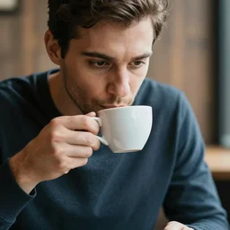 man drinking his morning cup of coffee, holding coffee cup