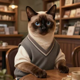 photography of a male anthropomorphic siamese cat fursona wearing a sweatervest sitting in a bookstore coffee shop, deep focus, intricate, elegant, highly detailed, digital painting, artstation, concept art, matte, sharp focus, illustration, d & d, fantasy, hearthstone, art by artgerm and greg rutkowski and alphonse mucha