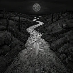 gold river in black landscape by jeffrey smith and wlop and gustave dore, featuring rhodium wires, circuitry, code, binary, cryptonomicon, dmt entity, ambient occlusion, 3 d concept render, scientifically accurate, artstation, intricate, beautiful, look at that detail!