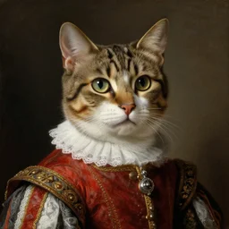 portrait of a pedigree cat wearing renaissance clothes. art by rubens, female, oilpainting, sharp focus, very detailed, hyper realistic, rich colors