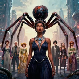 realistic detailed photorealistic portrait movie shot of a beautiful black woman with a giant spider, sci fi city landscape background by denis villeneuve, amano, yves tanguy, alphonse mucha, ernst haeckel, david lynch, edward robert hughes, roger dean, cyber necklace, rich moody colours, wide angle