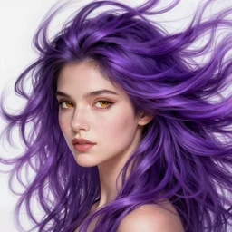 Portrait of a woman with bright colored flying hair, all shades of purple. Hair coloring, amber eyes, face, long hair, fantasy, intricate, elegant, highly detailed, digital painting, artstation, concept art, smooth, sharp focus, illustration, art by artgerm and greg rutkowski and alphonse mucha