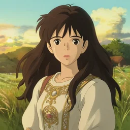 beautiful gorgeous anime woman, countryside backdrop, art by studio ghibli and ilya kuvshinov, portrait, intricate, golden hour lighting. highly detailed, sharp focus, digital painting, trending on pixiv fanbox, trending on artstation, concept art, sharp focus, illustration art by artgerm and greg rutkowski and alphonse mucha