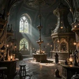 medieval alchemist lab, natural lighting, wide angle, intricate details, fantasy atmosphere, by greg rutkowski and hayao miyazaki