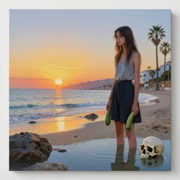 painting of sunrise, a flooded spanish art gallery in marbella beach, death, a tall emo girl, holding a courgette, skull, rocks by the sea, island, surgeon, pomegranates, a dark angel, a staircase, a whirlpool in the ocean, swirls of red, zen, surrealist, by magritte and kawase and monet