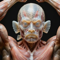high resolution close up of semi - translucent morphed garden face made human gills fins of muscles face fishes morphed head scales muscular body face molecules biceps triceps, morphing muscles bodies strong strongest muscles merged with muscular body