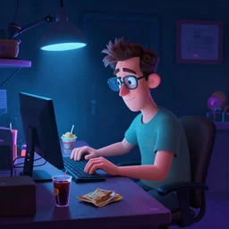 concept illustration of a vfx artist working in front of his workstation late at night, style by pixar, brad bird, dark room, neon lighting, junk food, soda