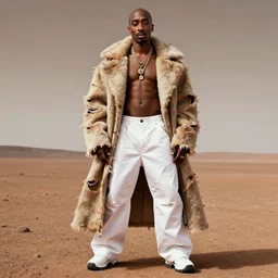 an official aesthetic 8 k futuristic clothing advertisement photograph of tupac shakur posing shirtless on mars wearing a huge torn up light brownish coat and y 2 k white pants, studio lighting