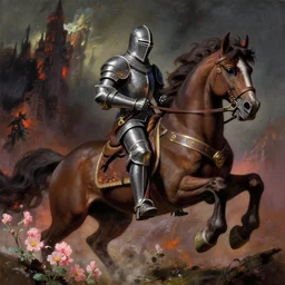 a wholesome animation key shot a painting of a knight riding a horse, a fine art painting by frank frazetta, deviantart contest winner, fantasy art, apocylypse art, dark and mysterious, soviet propaganda, by studio ghibli, animation, sharp, rendered in unreal engine 5, focused, anime key art by greg rutkowski, bloom, dramatic lighting
