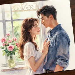 hyper realistic watercolor panting on paper, in academic style, of lovers standing by the decorated window. beautiful lighting. flowers. clear face. subsurface scattering shiny skin. beautiful lighting, 4 k post - processing, trending in art station, cg society, highly detailed, 5 k extremely detailed, 3 d. cinematic scene. sharp image.