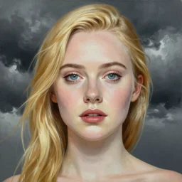 professional painting of Elle Fanning in the style of Hikari Shimoda, head and shoulders portrait, symmetrical facial features, smooth, sharp focus, illustration, intricate, stormy weather, extremely detailed masterpiece,