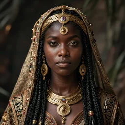 hyper realistic photography portrait of postapocalyptic medieval religious occult african amazon cinematic, brom, mucha, moebius, juan gimenez