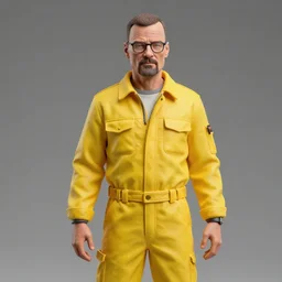 accurate detail walter white in yellow jumpsuit figurine, studio lighting, grey background, no shadow, trending on artstation, 8 k, highly detailed!!!
