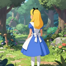 Rear view of Alice when she first arrives in Wonder Land, highly detailed, digital art, trending on artstation.