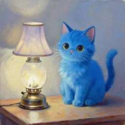 a cute blue cat paint, old lamp with a lampshade on the table glows with bright light, 4 k oil on linen by wlop, artgerm, andrei riabovitchev, nuri iyem, james gurney, james jean, greg rutkowski, highly detailed, soft lighting 8 k resolution