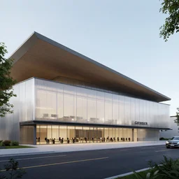 mercedes exhibition center exterior designed by gensler, fosters, photorealistic octane render 8 k, 2 8 mm