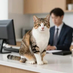 the cat is sitting at the kitchen counter, the cat is in the office with the clerk writing in her notebook and writing in her notebook, bright light has fallen, the cat is asleep, and