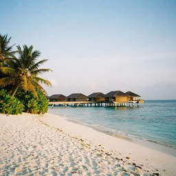 35mm film still magic morning light over an island in the maldives, by Alex grey