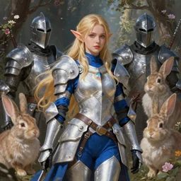 young blonde female elf warrior in blue and white armor, surrounded by rabbit knights, epic wallpaper, high fantasy, flowers and trees, intricate detail, digital painting, artstation, concept art, smooth, sharp focus, illustration, art by greg rutkowski and wlop and raymond swanland and ross tran