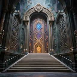staircase towards a otherworldly sacred geometry entrance into another universe, majestic occult gates, magical weird, strange fantastic, cyberpunk, by octavio ocampo