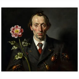 refined gorgeous blended oil painting with black background by christian rex van minnen rachel ruysch dali todd schorr chiaroscuro portrait extremely bizarre disturbing mutated man beautiful suit made of still life flowers and rubber insects with shiny skin dutch golden age vanitas intense chiaroscuro cast shadows obscuring features dramatic lighting perfect symmetry perfect composition masterpiece