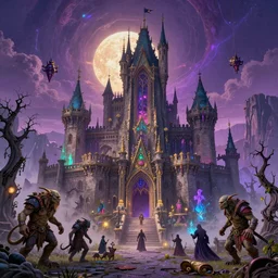 scifi gothic castle bustling with orcs and elven mystics, by philippe druillet, psychedelic colors