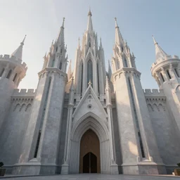 entrance to the castle, smooth walls, mystical spires, high fantasy, very long shot, low angle, digital art, sharp focus, dawn, volumetric lighting, high quality, highly detailed, architecture drawing, illustration, octane render, by leon tukker