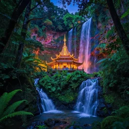 a temple in a lush forest at night, psychedelic light, waterfalls, vibrant colors, spectacular details, dramatic lighting, epic composition, wide angle