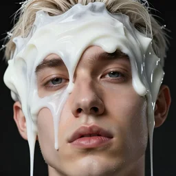 precisionist extreme close up of gorgeous hyperrealistic male head melts like white viscous ice cream, digital art masterpiece, highly detailed neo pop surrealism, jason limon kay sage hannah yata, dramatic lighting, low angle, uhd 8 k, sharp focus