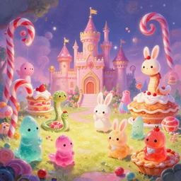 an epic fantastic realism comic book style painting of an enchanted dreamland of cute candy critters, gumdrop bunnies, candy cane serpents, castles made of cakes and pies, cinema 4 d, hd, dynamic lighting