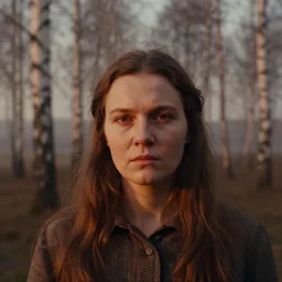 close up portrait of woman, solemn expression, faded color film, russian cinema, tarkovsky, kodachrome, heavy birch forest, long brown hair, old clothing, light fog, shallow depth of field, atmospheric haze, brown color palette, sunset, low light, dramatic lighting