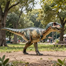 a photo taken in 1 9 3 3 that has been colorized of a real dinosaur walking in the park