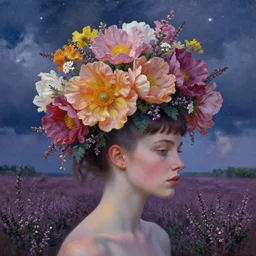 closeup, huge flowers as a head mohawk, woman in heather field, surreal photography, starlight, storm clouds, impressionist painting, digital painting, artstation, simon stalenhag