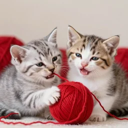sleepy two kittens playing with red yarn, cute, happy