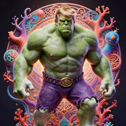 portrait of donald trump as the hulk, hyperdetailed illustration by irakli nadar and alexandre ferra, volumetric lighting, celtic fantasy art, psychedelic, intricate, hyper detailed, smooth, vibrant aura, intricate linework, white porcelain skin, faberge, coral
