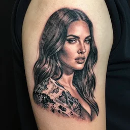 surrealist double exposure effect tattoo design sketch of megan fox with beautiful mountains, realism tattoo, in the style of andrey lukovnikov, amazing detail, sharp