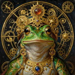 hyper realistic painting portrait of frog queen, occult diagram, elaborate details, detailed face, intrincate ornaments, gold decoration, occult art, oil painting, art noveau, in the style of roberto ferri, gustav moreau, jean delville, bussiere, saturno butto - c 9