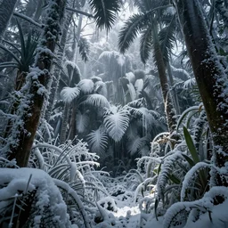 a tropical jungle frozen covered in ice and snow