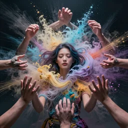humans , feedback loop , burst of powders ,volumetric lighting, twisting vapour, bellowing dust , emerging hands and beautiful woman’s face , full colour , upscale , 4k
