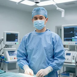 A high resolution photograph of a surgeon standing in an operating room, surrounded by new technology, infused with lightning, very aesthetic, wearing surgical mask, surgical gown and scrubs on, full length, exquisite detail, post-processing, masterpiece, cinematic