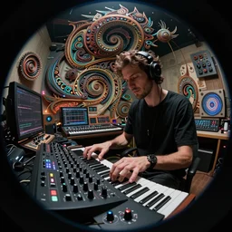 a fisheye lens photo of a futuristic tribal dj tweaking and playing synthesizers in the most complicated and technical spiral fractal musical studio, powerful, cinematic, beautifully lit, by donato giancola, by artgerm, by karol bak, 3 d, perfect face and body, trending on artstation, octane render, 8 k