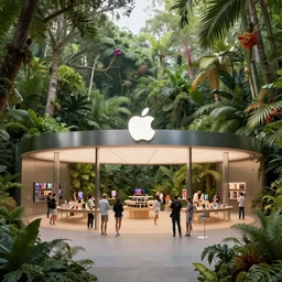 apple flagship store in jungle, concept art by noah bradley, darek zabrocki, tyler edlin, jordan grimmer, neil blevins, james paick, natasha tan, highly detailed, ultra detailed, ultra realistic, trending on artstation
