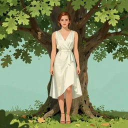 Photo of Emma Watson in front of an oak tree, vibrant lighting, elegant, highly detailed, smooth, sharp focus, illustration, beautiful, geometric, trending on artstation, full body, cinematic, 8k, artwork by Vigee-Le Brun