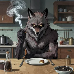 “werewolf smoking at a kitchen table in the style of Artgerm”