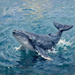 An aesthetically pleasing, dynamic, energetic, lively, well-designed digital art of a whale, ripples, waves, sea foam, light and shadow, ocean caustics, by Claude Monet, traditional Japanese colors, superior quality, masterpiece, excellent use of negative space.