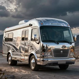 an inflated stainless steel chrome Winnebago, solarpunk