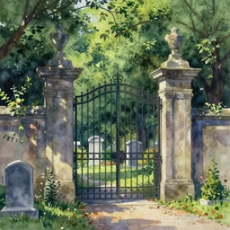 a beautiful watercolor painting titled before the cemetery gates, warm green, moody, romantic, night, exquisite, vibrant colors, masterpiece, cinematic, high detail, by karl kopinski, by kim jung ji
