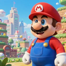 a painting of mario, a city in the background, ultra detailed, high fantasy, 4 k, trending on artstation, cinematic, concept design